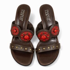 VINTAGE Franco Sarto Studded Brown & Red Wedge Sandal Women's Sz 7